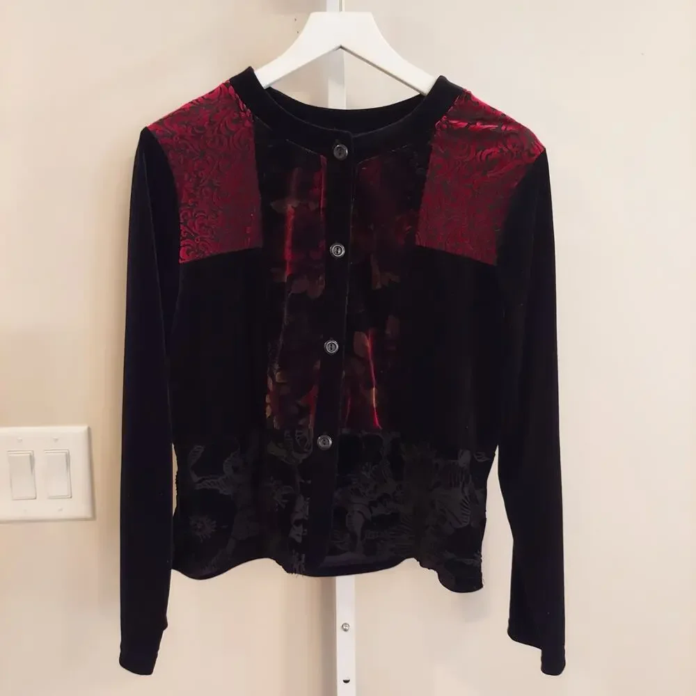 Vtg 90s Velvet Burnout Cropped Cardigan Large Goth Romance Moody Whimsygoth - Picture 1 of 10